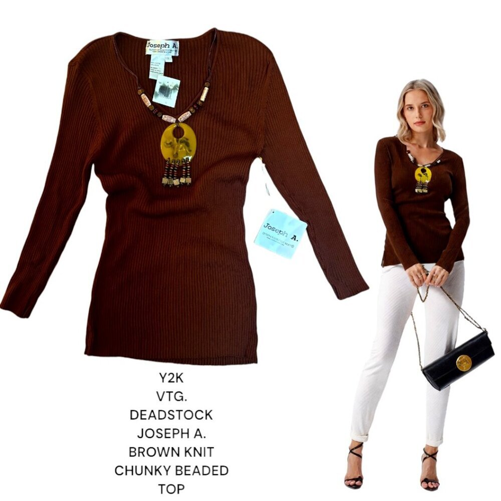 Y2K VTG. DEADSTOCK BROWN CHUNKY BEADED RIBBED JOSEPH A BLOUSE M/L